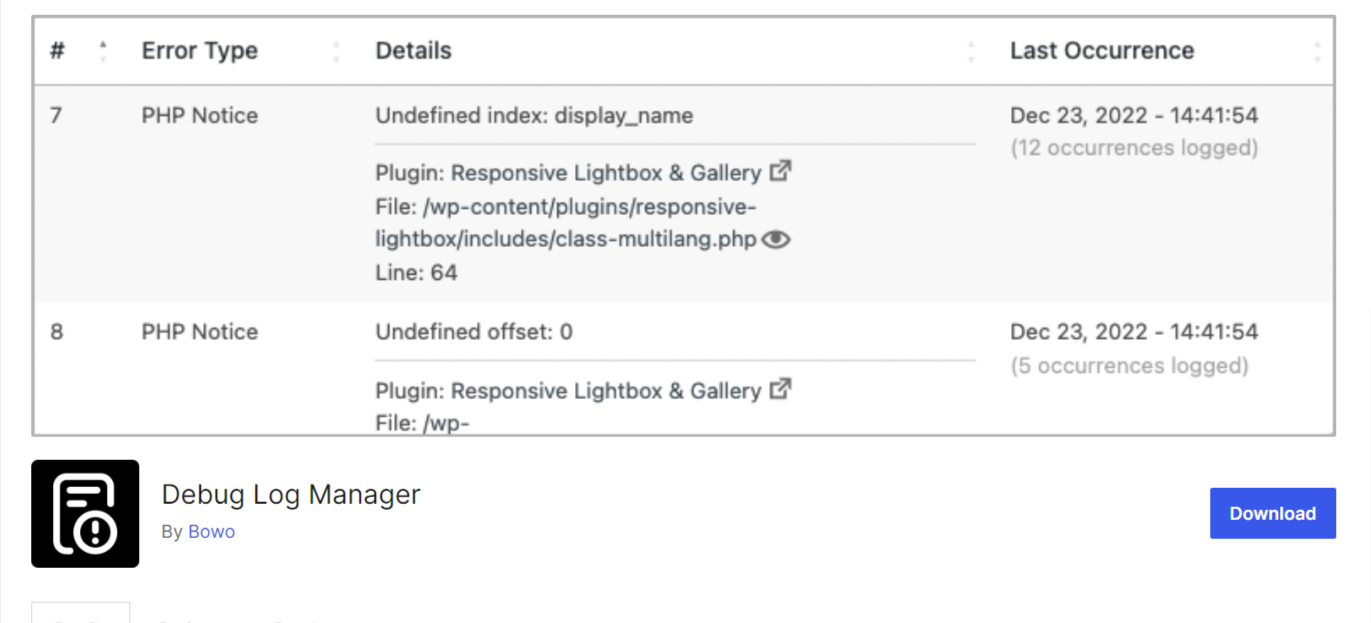 Debug Log Manager WordPress Plugin for WordPress error logging