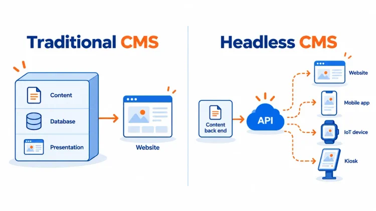 Headless CMS vs Traditional CMS: Which Is Right for Your Business in 2026? 2 Diagram showing traditional monolithic CMS versus decoupled headless CMS delivering content via API